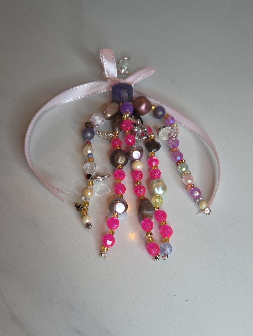 Pink and Purple Beaded Mix Stone Bag Charm